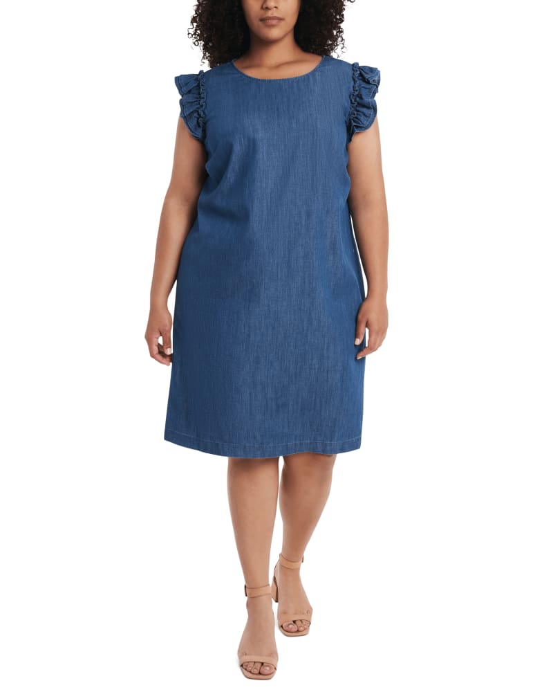 Front of a model wearing a size 14 Gracie Chambray Flutter-Sleeve Dress in FROZEN by CeCe. | dia_product_style_image_id:263737